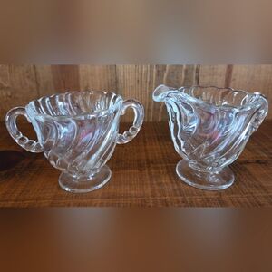 Vintage MCM Mid century Fostoria Colony Swirl Clear Glass Sugar & Creamer Set